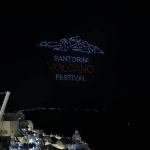 Drones forming Santorini Volcano Festival in the night sky